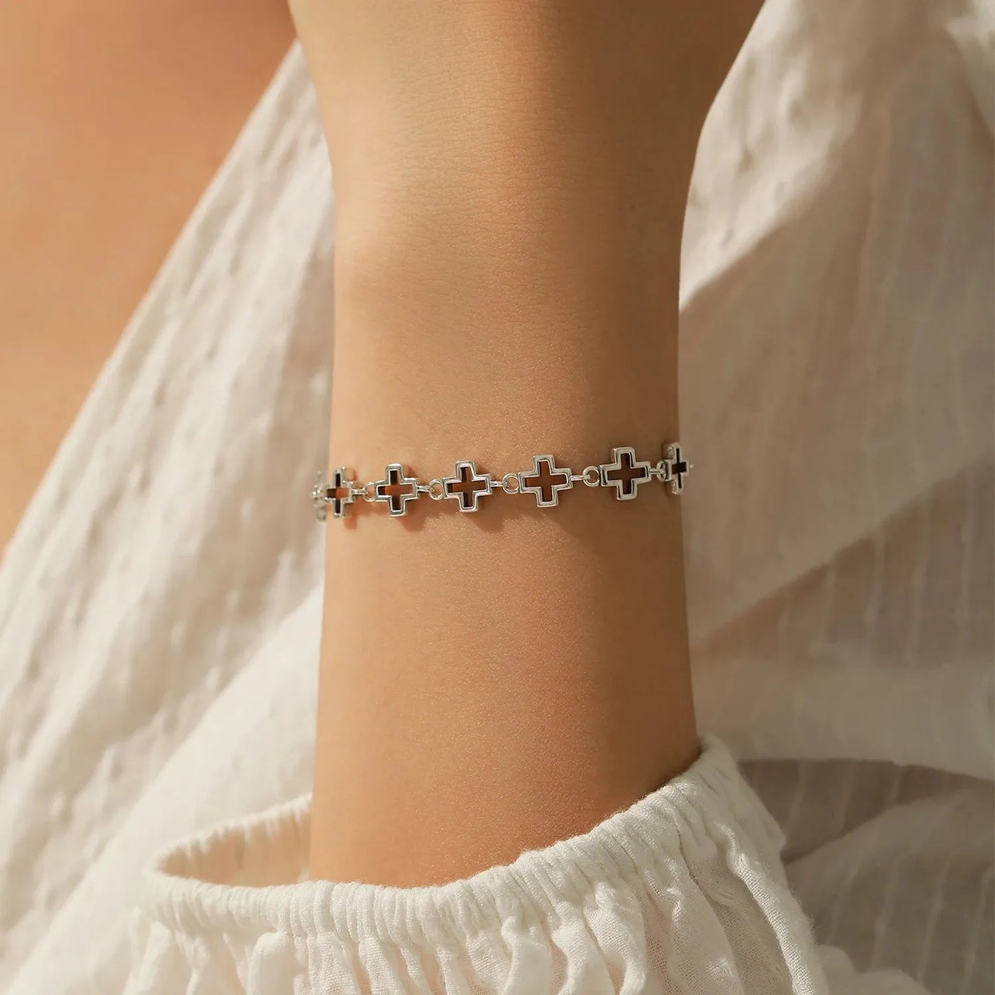 Silver Vintage Delicate Hallow Out Retro Cross Chain Stackable Bracelet