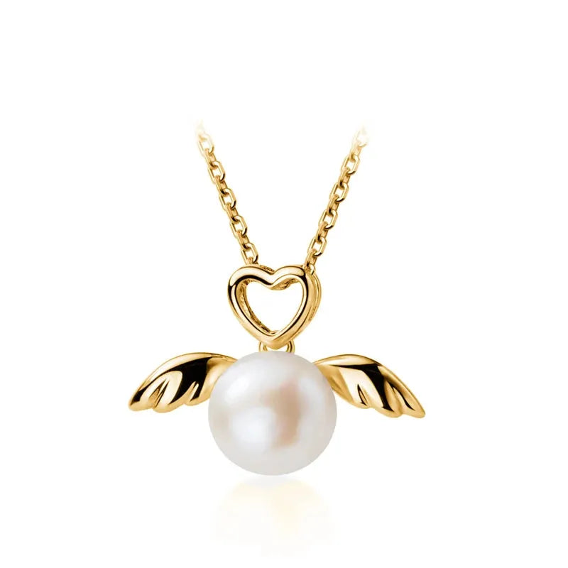 Elegant Natural Pearl Silver Wing Love Hearts Pendant