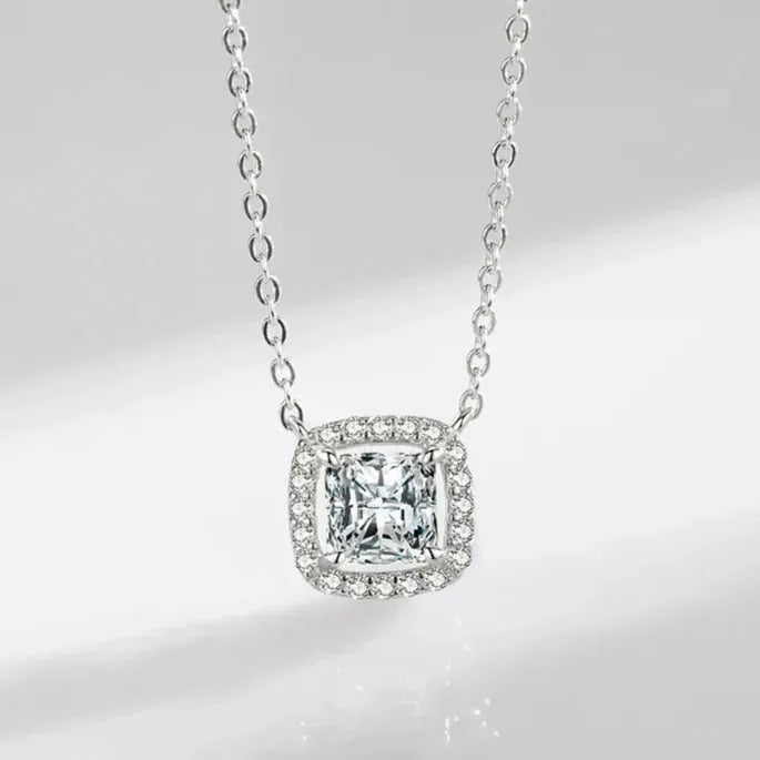 925 Sterling Silver Square Shiny Zirconia Pendant Necklace