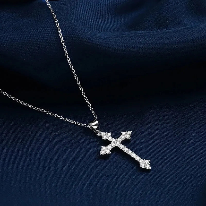 White Gold Color Cross Pendant Necklace with Rhinestones