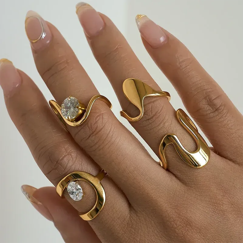 Round Stone Wave Rings Stainless Steel Rings