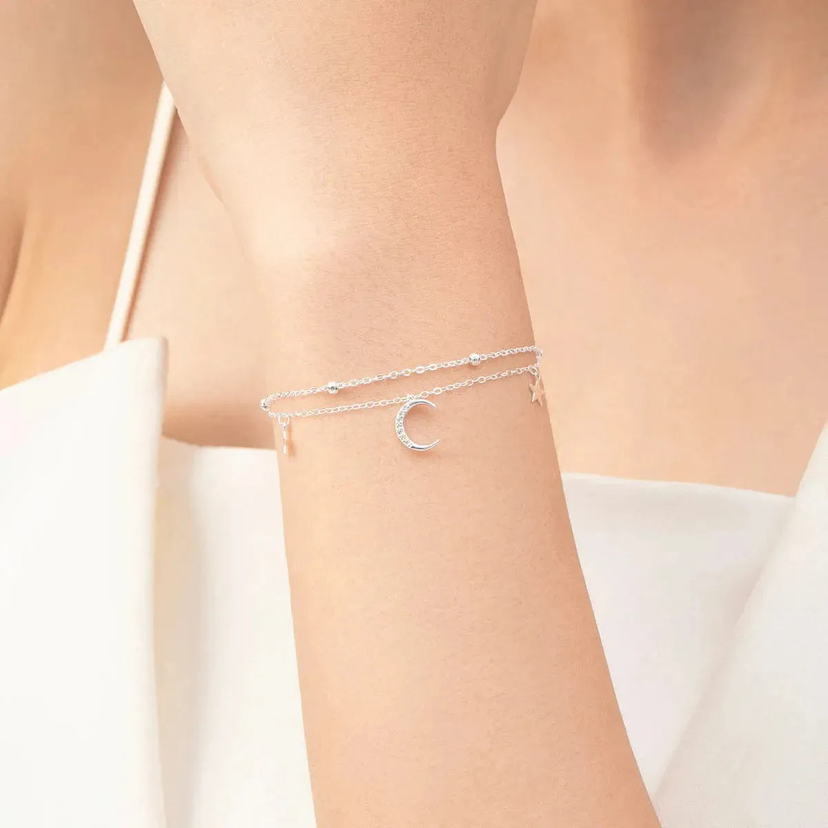 Silver Bead Stars And Moon Bracelet