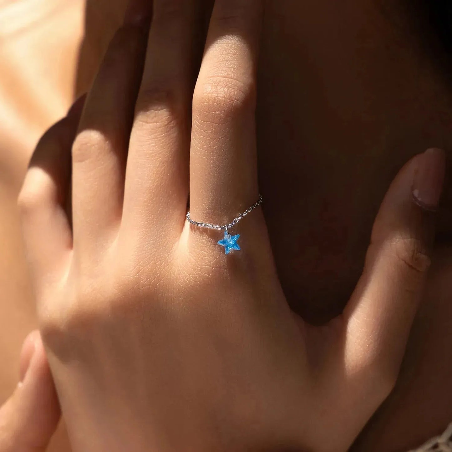 Trendy Blue Star Charming Link Chain Adjustable Finger Ring