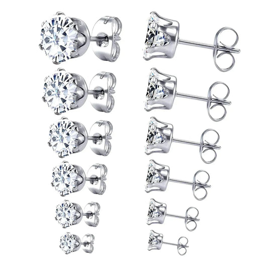 6Pairs/Set CZ Stud Earrings Stainless Steel Round