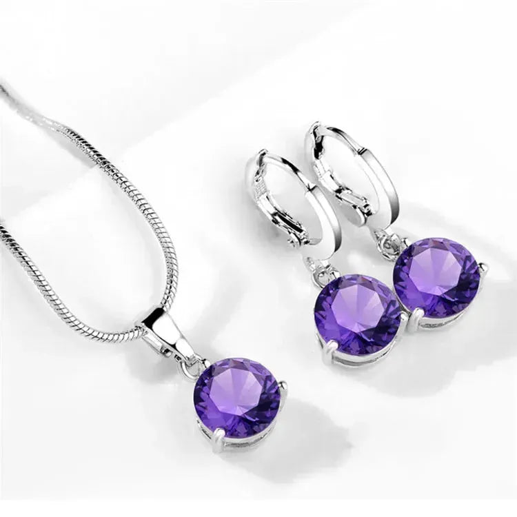 925 Sterling Silver Trendy Crystal Pendant Necklace Earrings Jewelry Set