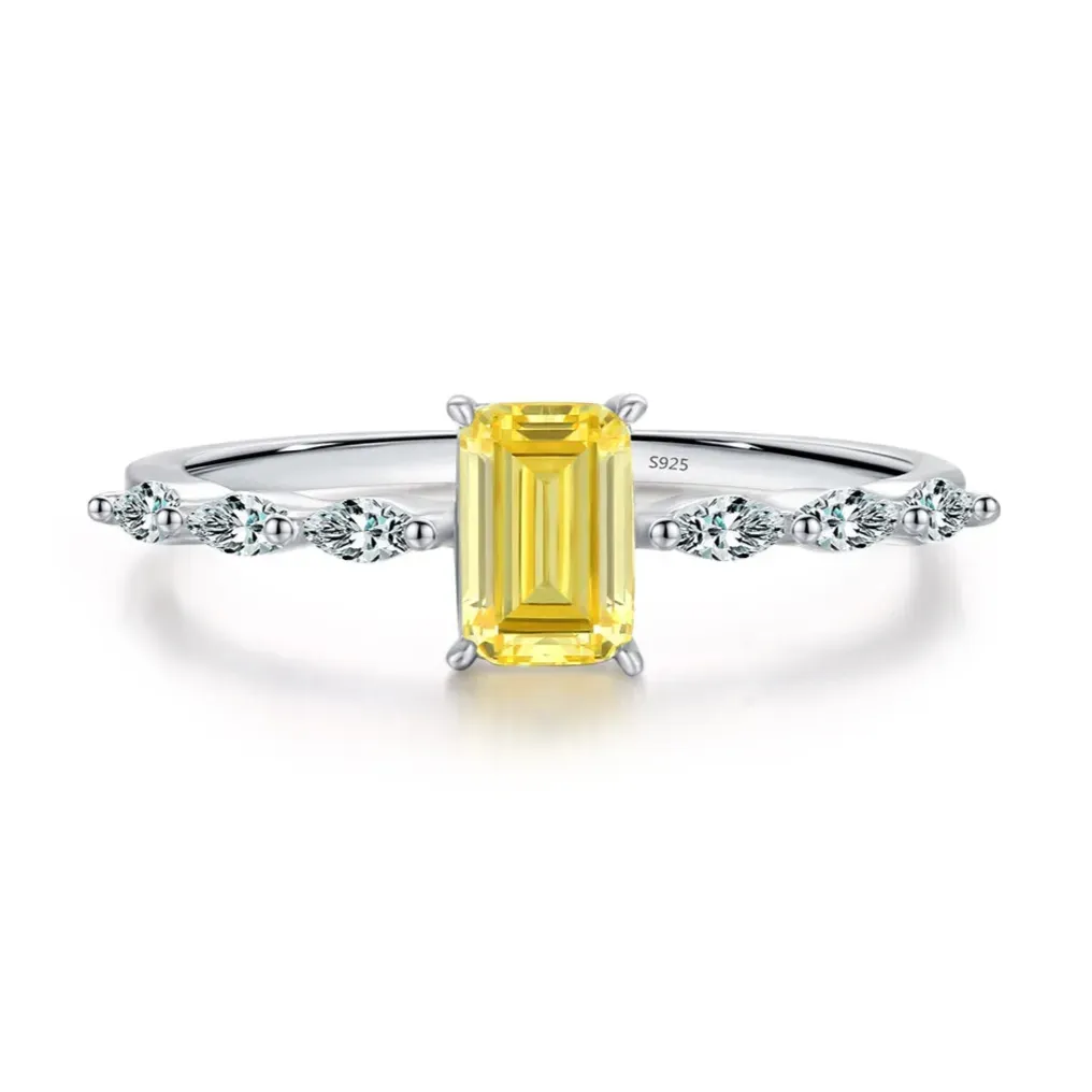 Real 925 Sterling Silver Exquisite Sparkling Emerald Cut Pink Yellow Ring