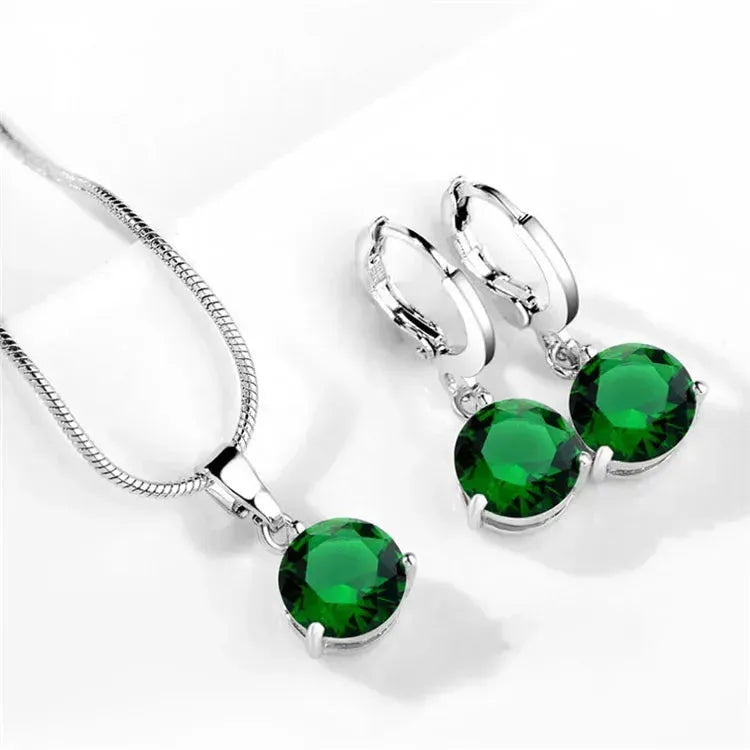 925 Sterling Silver Trendy Crystal Pendant Necklace Earrings Jewelry Set