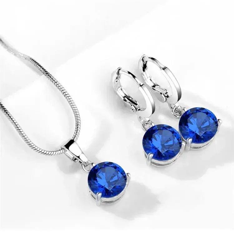 925 Sterling Silver Trendy Crystal Pendant Necklace Earrings Jewelry Set