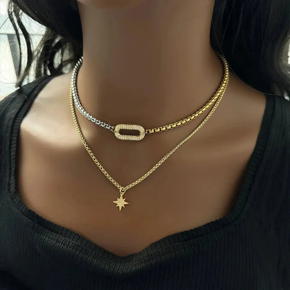 18k Gold Plated Two Tone Oval Zircon charm Multilayer Necklace