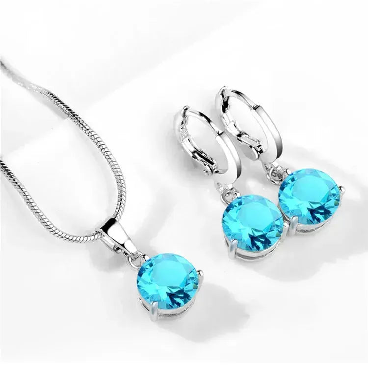 925 Sterling Silver Trendy Crystal Pendant Necklace Earrings Jewelry Set