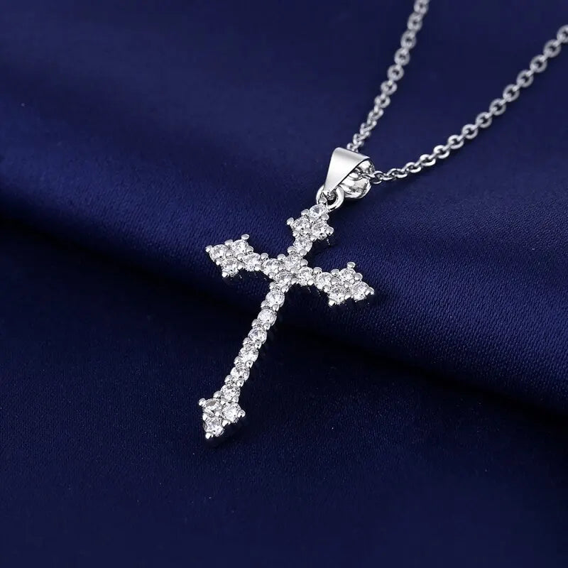 White Gold Color Cross Pendant Necklace with Rhinestones