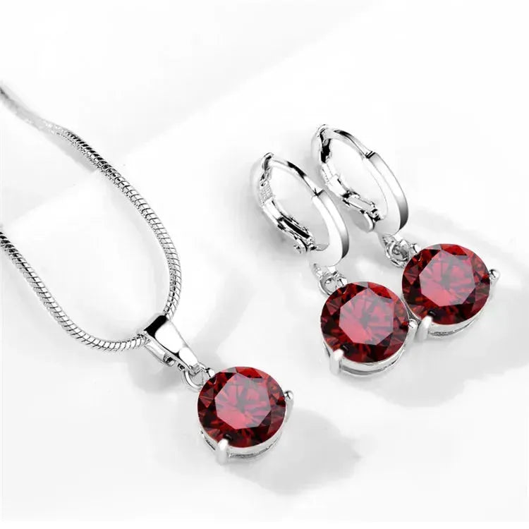 925 Sterling Silver Trendy Crystal Pendant Necklace Earrings Jewelry Set