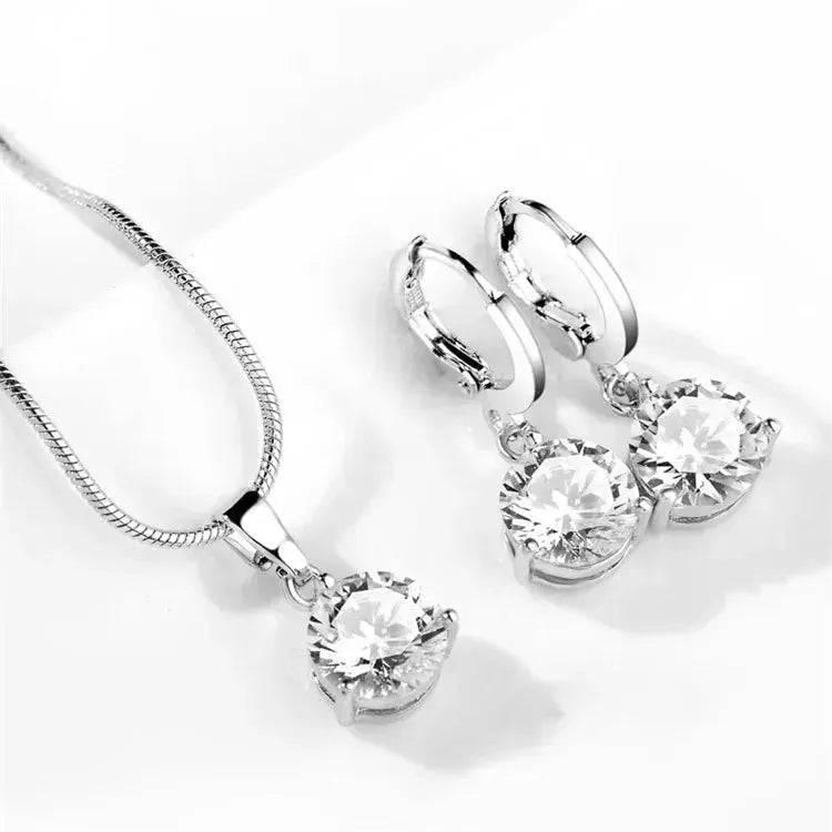 925 Sterling Silver Trendy Crystal Pendant Necklace Earrings Jewelry Set