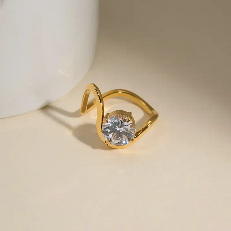 Round Stone Wave Rings Stainless Steel Rings