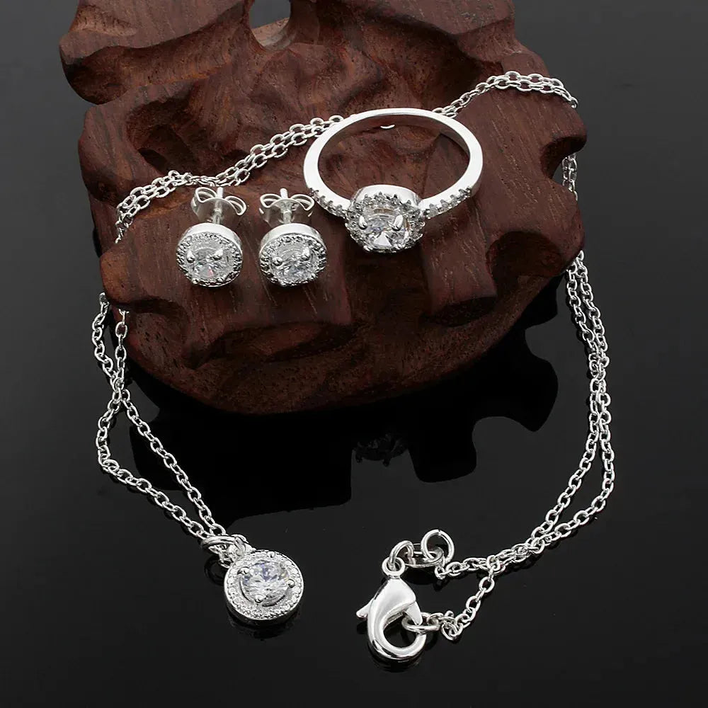 925 Sterling Silver Solid Necklace Earring Ring Jewelry Set