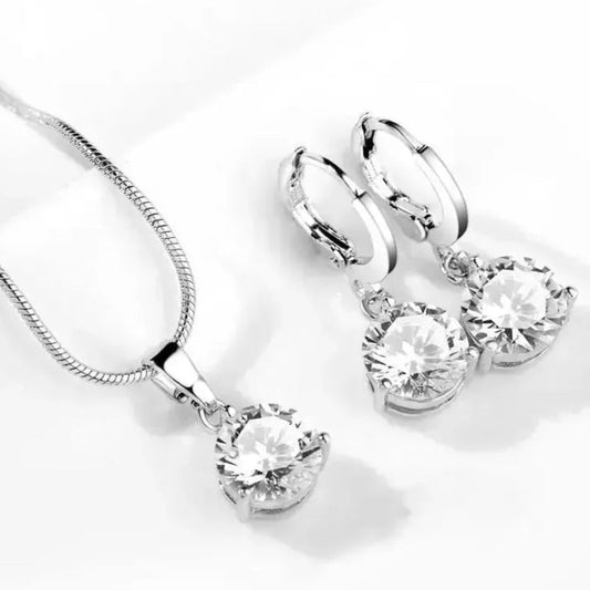 925 Sterling Silver Trendy Crystal Pendant Necklace Earrings Jewelry Set