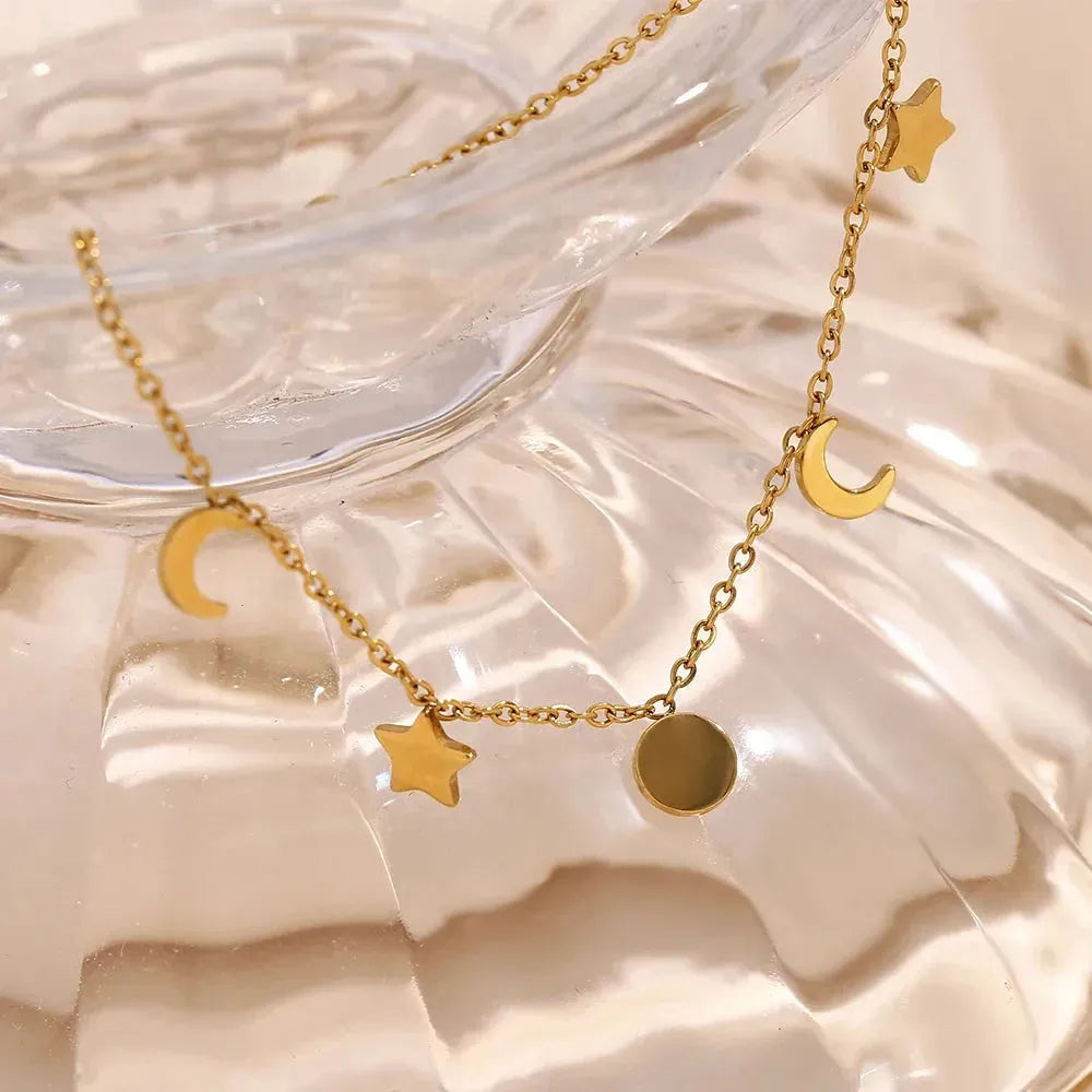 Star Moon Sun Charm Bracelet 18K Gold Plated Stainless Steel