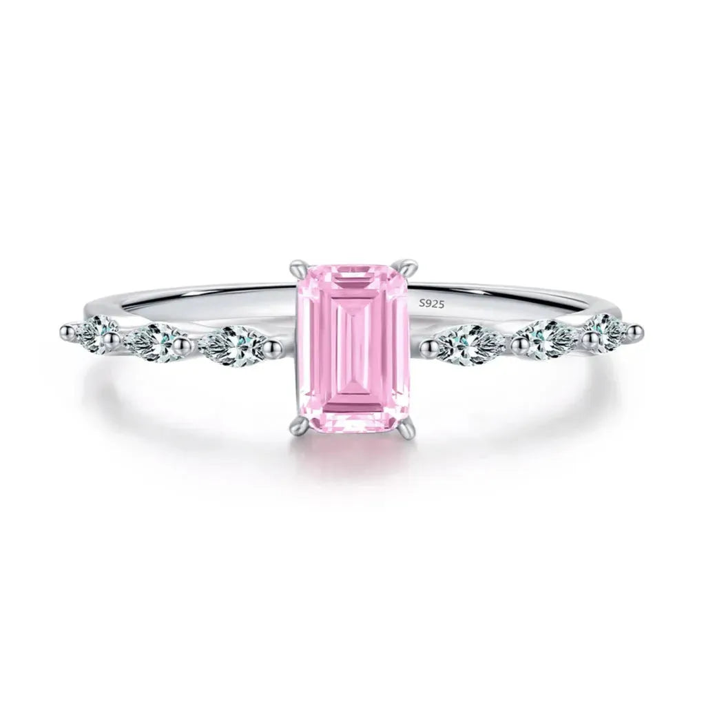 Real 925 Sterling Silver Exquisite Sparkling Emerald Cut Pink Yellow Ring