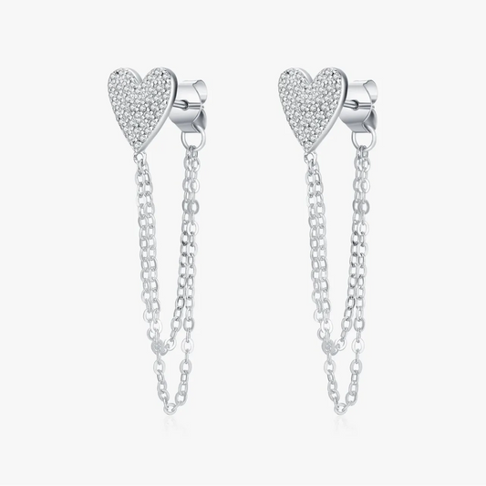 Sterling Silver Sparkling CZ Hearts Long Tassel Chain Earrings