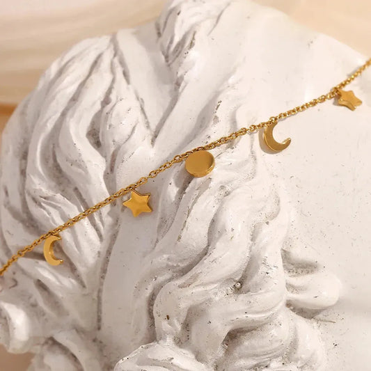 Star Moon Sun Charm Bracelet 18K Gold Plated Stainless Steel