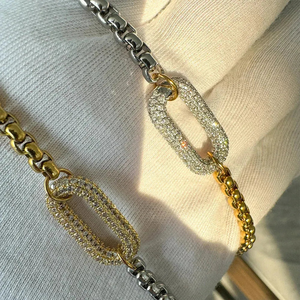 18k Gold Plated Two Tone Oval Zircon charm Multilayer Necklace