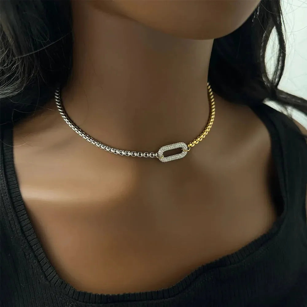 18k Gold Plated Two Tone Oval Zircon charm Multilayer Necklace