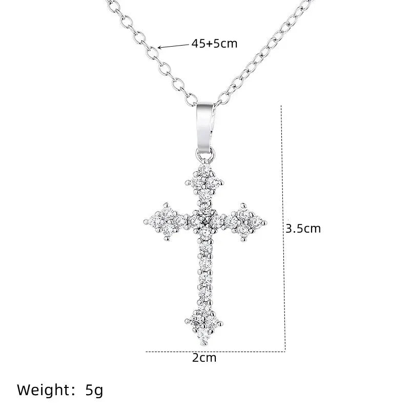 White Gold Color Cross Pendant Necklace with Rhinestones