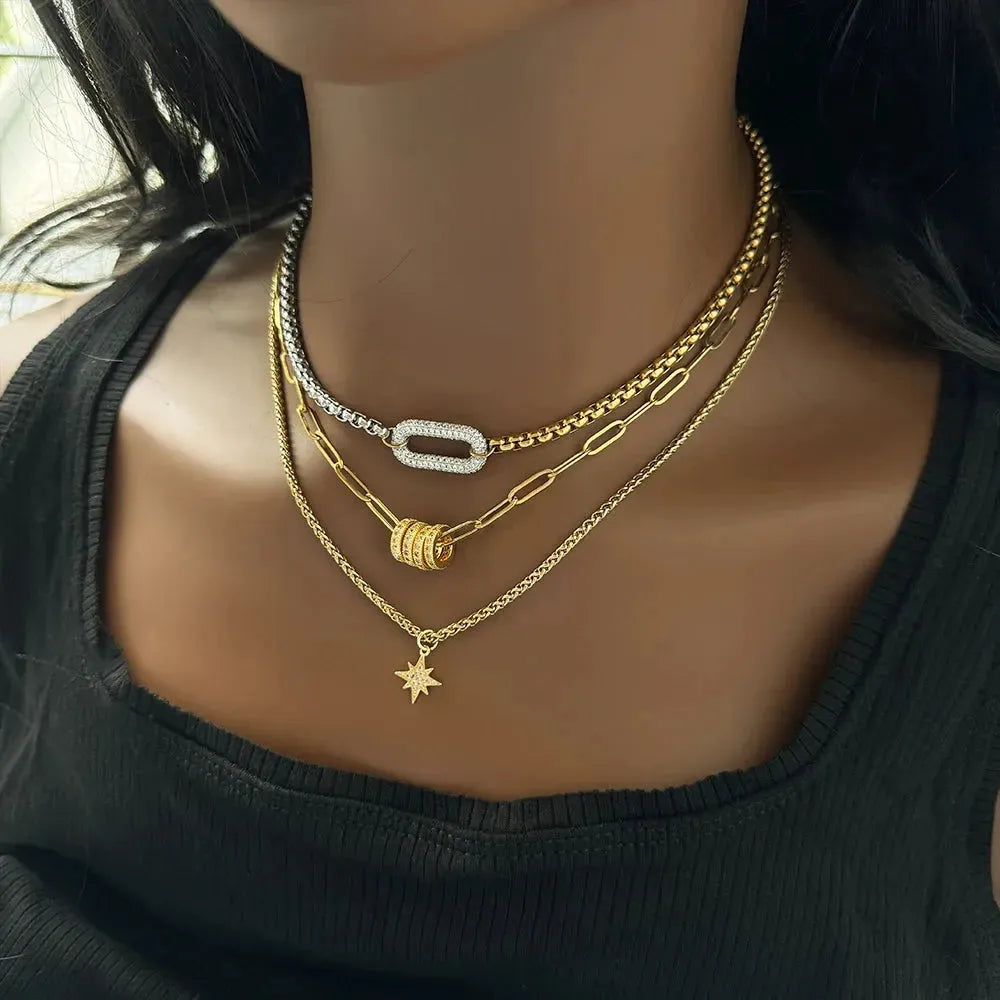 18k Gold Plated Two Tone Oval Zircon charm Multilayer Necklace