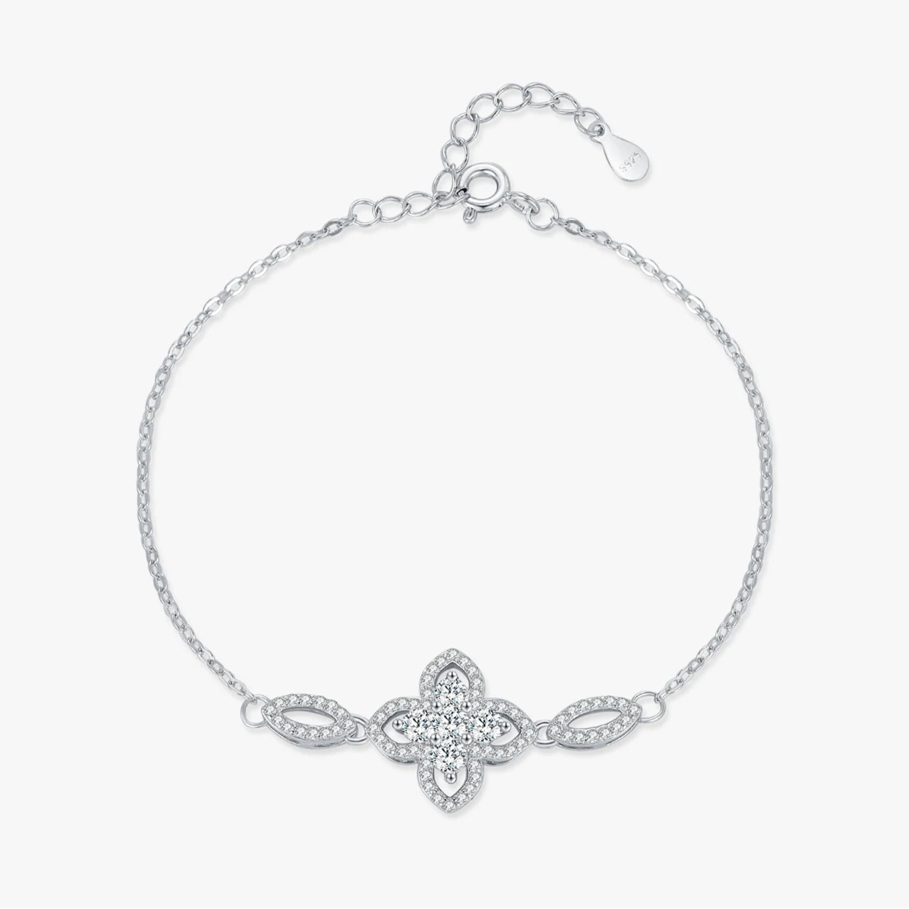 Sterling Silver Exquisite Four Leaf Clover Flower Charm Bracelet