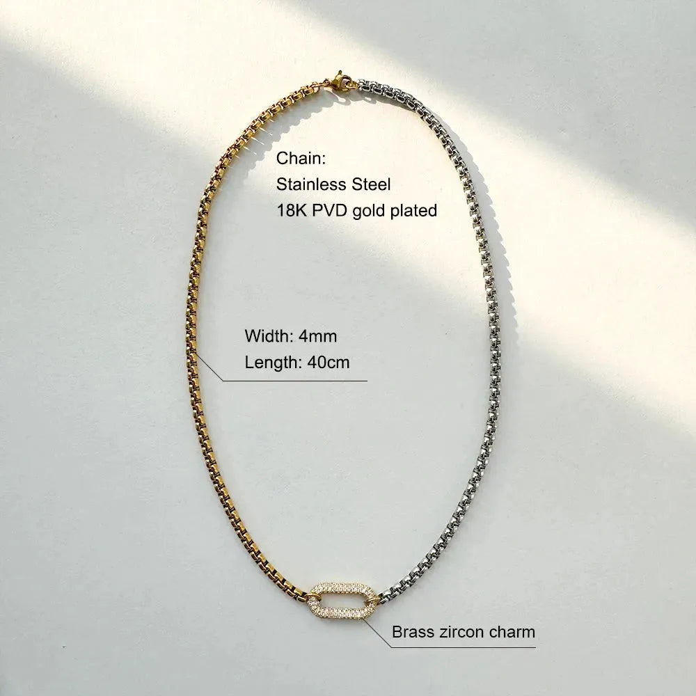 18k Gold Plated Two Tone Oval Zircon charm Multilayer Necklace