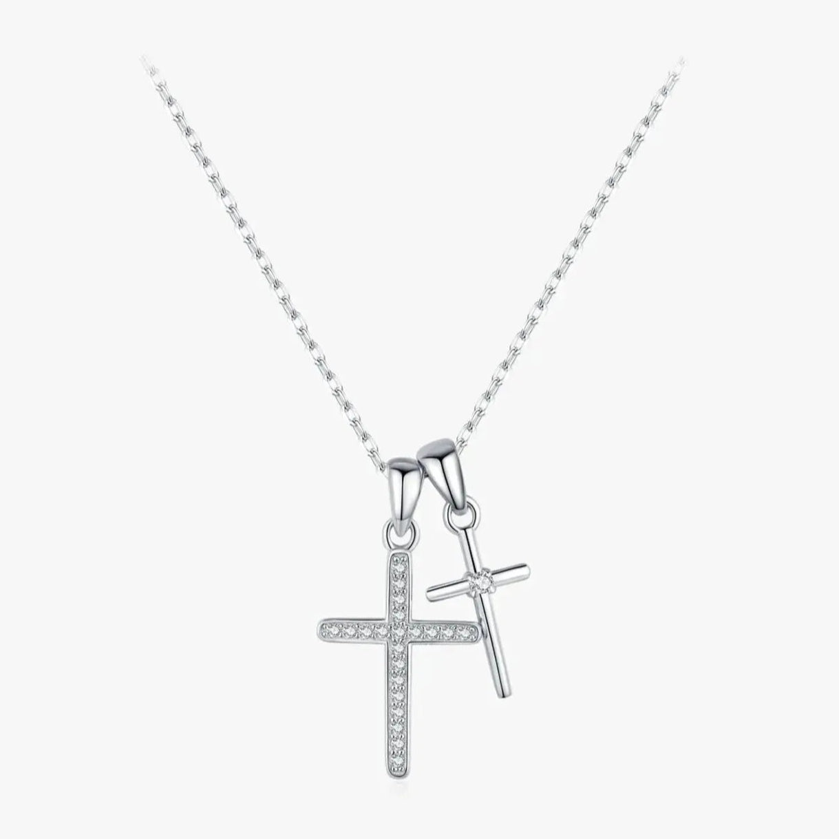 Double Cross Zircon Link Chain Pendant Necklace