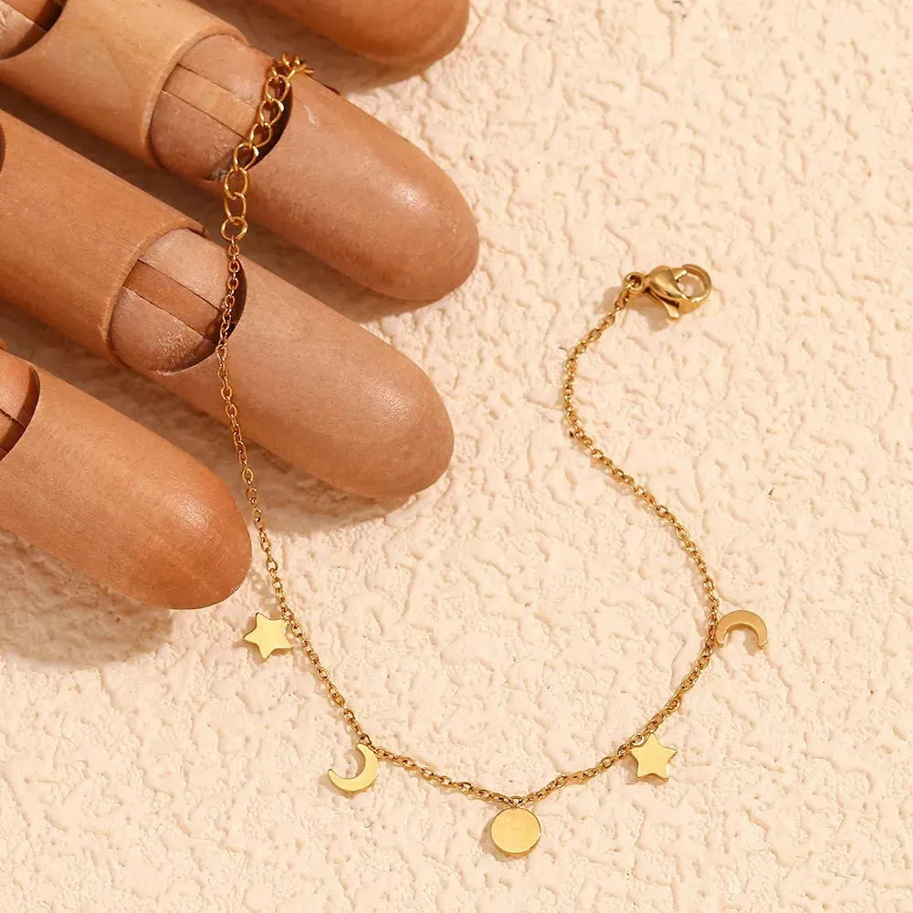 Star Moon Sun Charm Bracelet 18K Gold Plated Stainless Steel