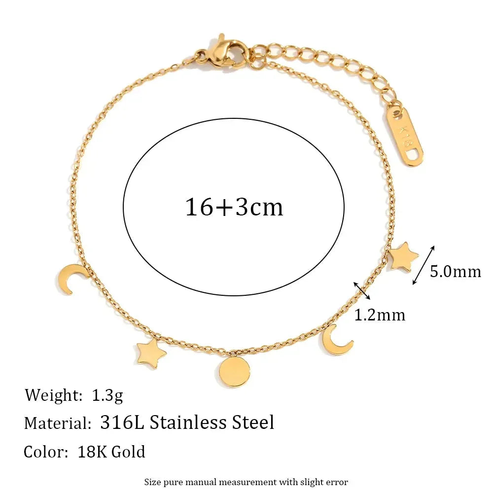Star Moon Sun Charm Bracelet 18K Gold Plated Stainless Steel