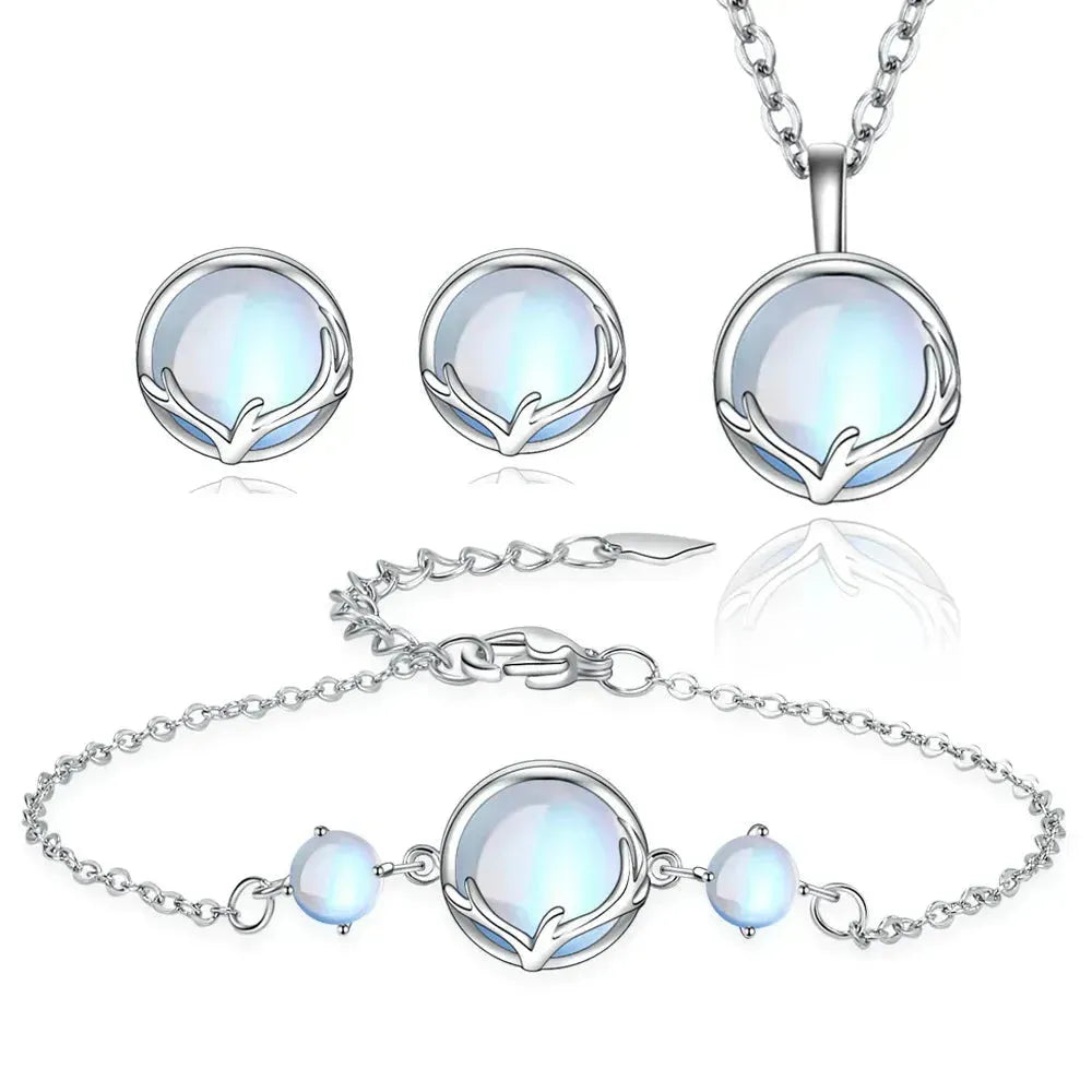 925 Sterling Silver Jewelry Sets Round Antler Crystal Earrings Bracelets Necklace