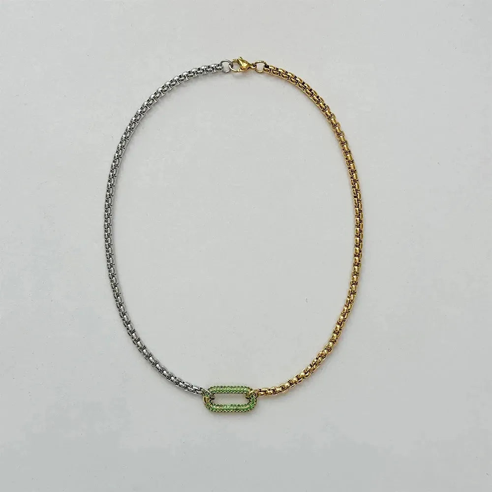 18k Gold Plated Two Tone Oval Zircon charm Multilayer Necklace