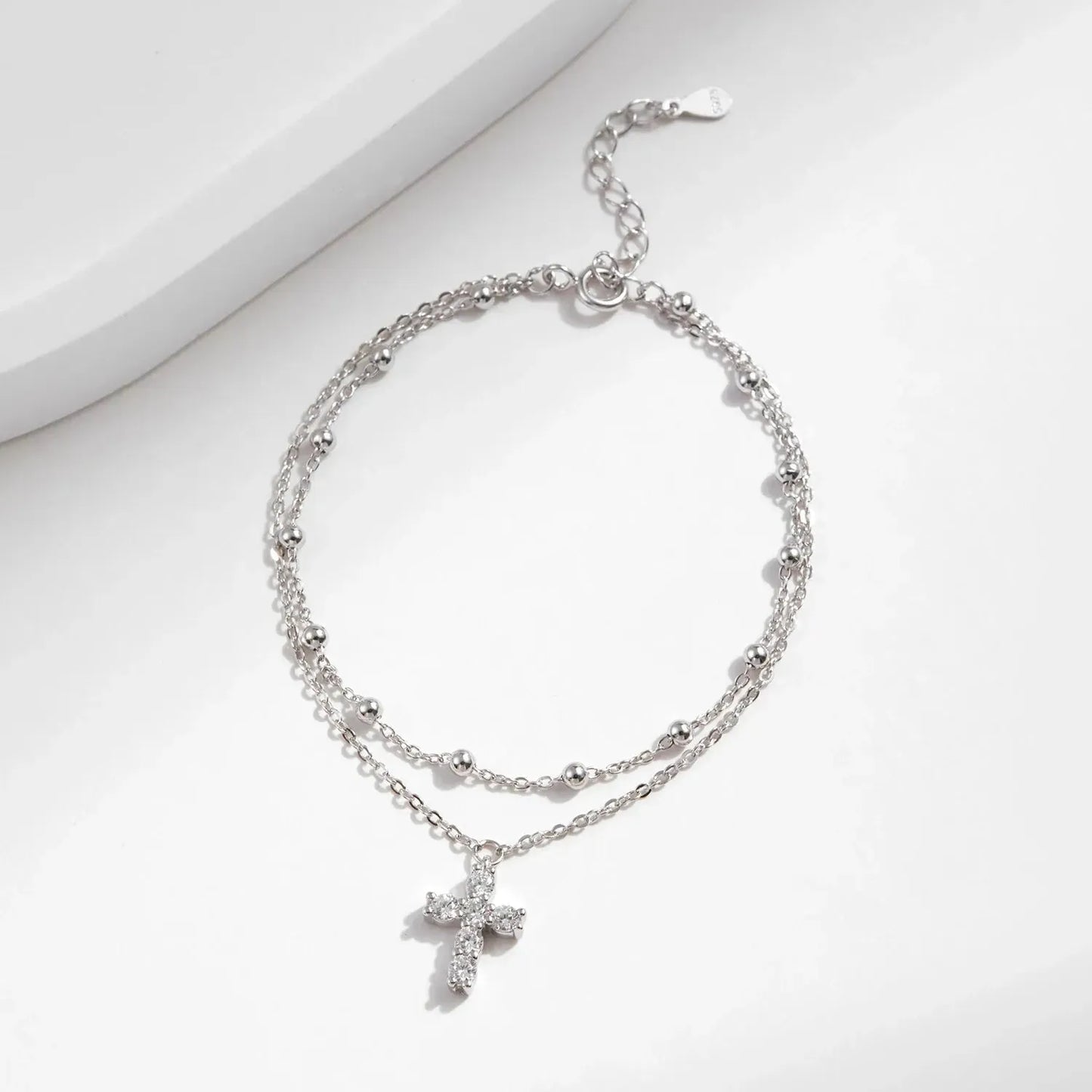 925 Sterling Silver Double Layer Beaded Bracelet with Cross Charm