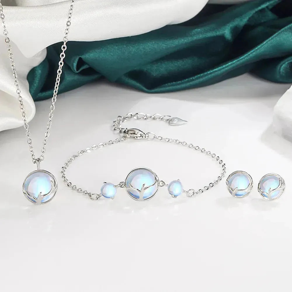 925 Sterling Silver Jewelry Sets Round Antler Crystal Earrings Bracelets Necklace