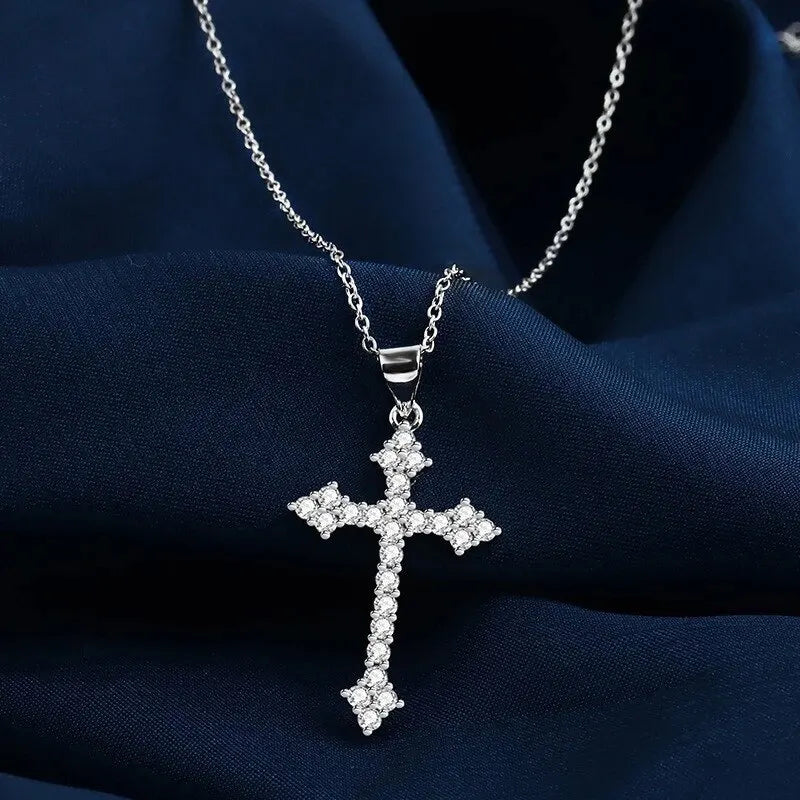 White Gold Color Cross Pendant Necklace with Rhinestones