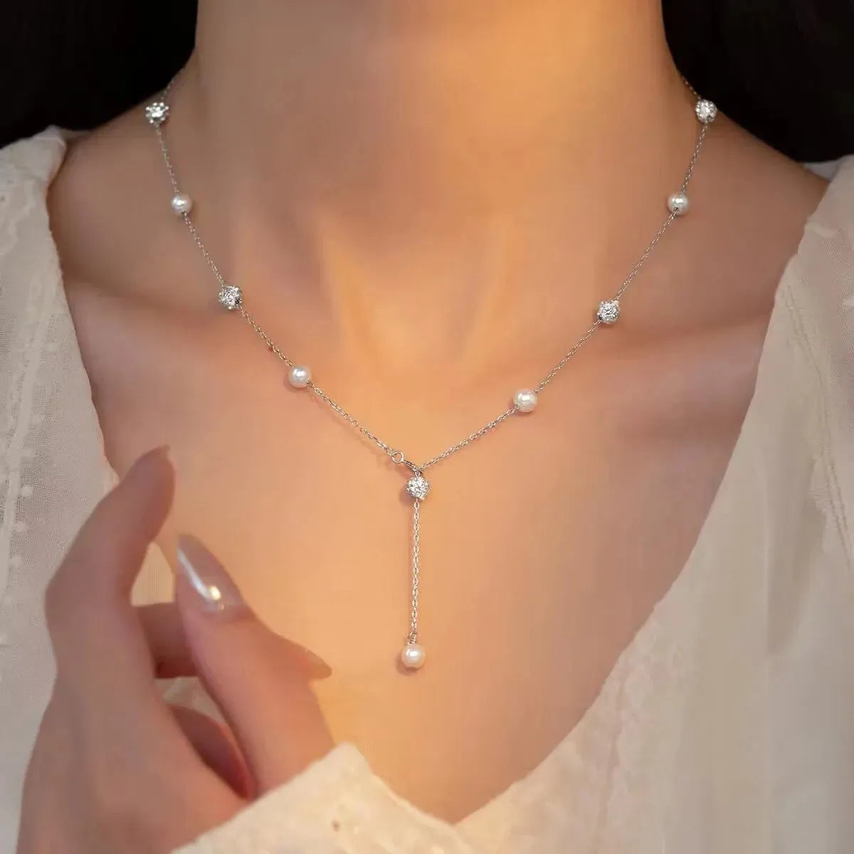 Zircon Beads & Pearl Chain Necklace