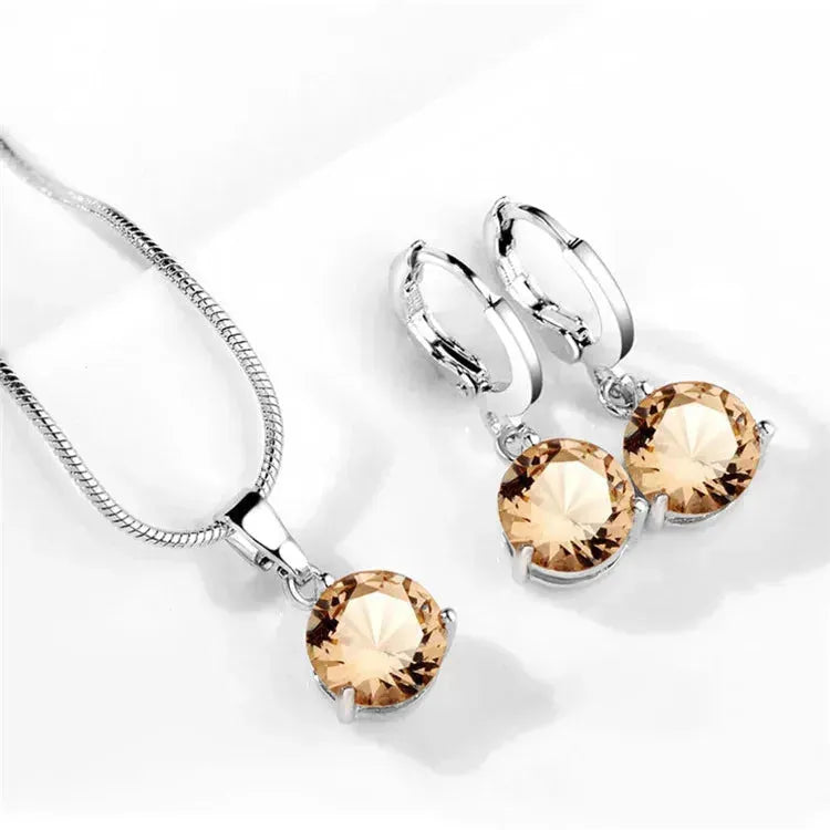925 Sterling Silver Trendy Crystal Pendant Necklace Earrings Jewelry Set