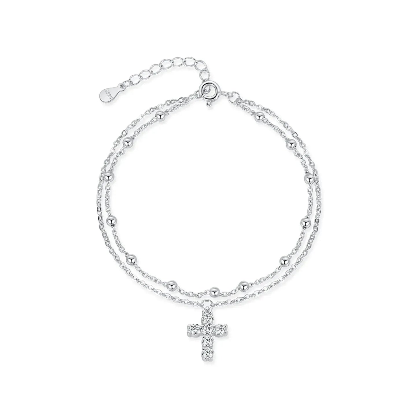 925 Sterling Silver Double Layer Beaded Bracelet with Cross Charm