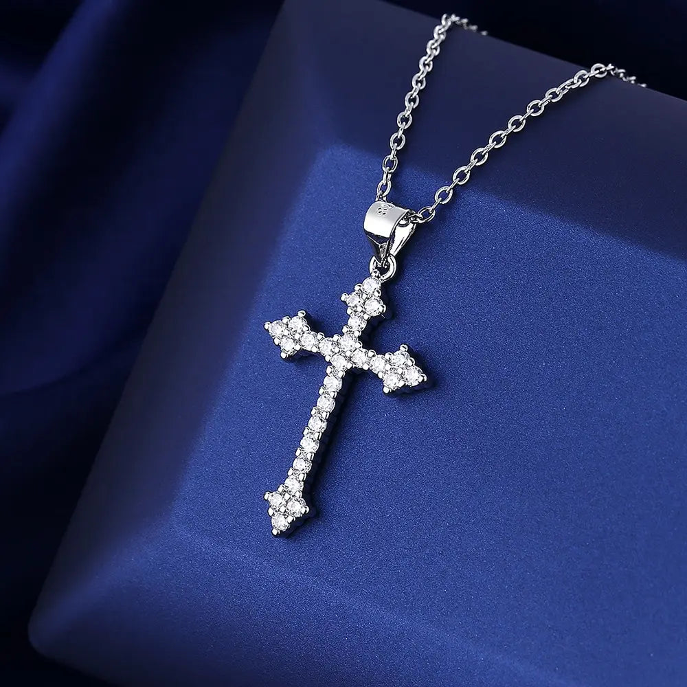 White Gold Color Cross Pendant Necklace with Rhinestones