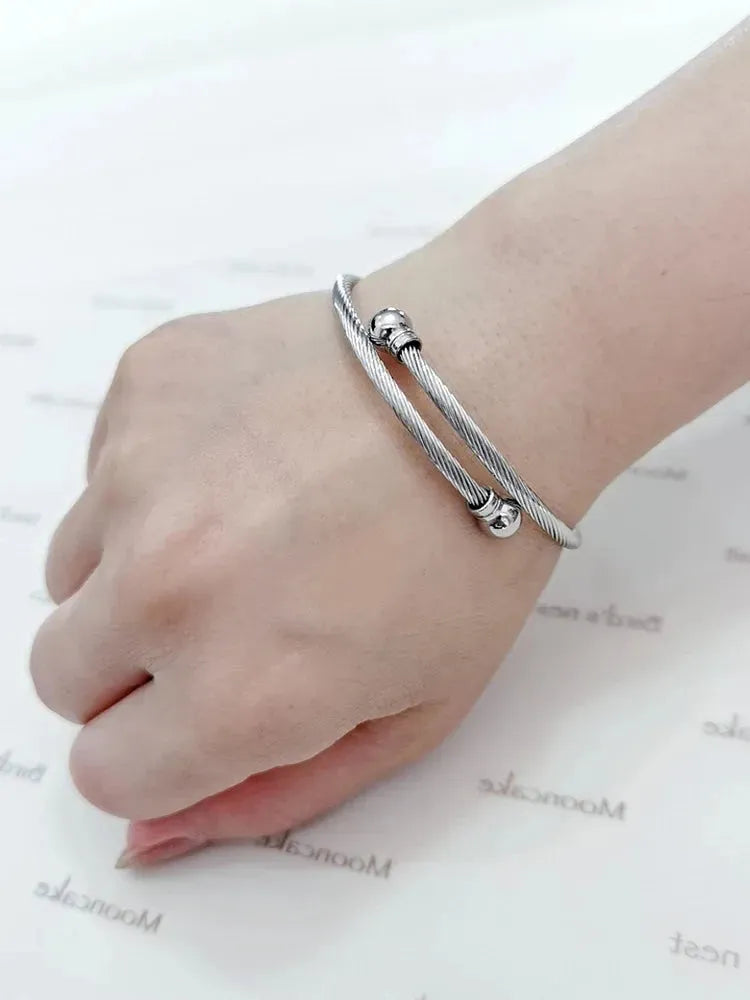 Stainless Steel Double Ball Head Threaded Circles Open Bracelet
