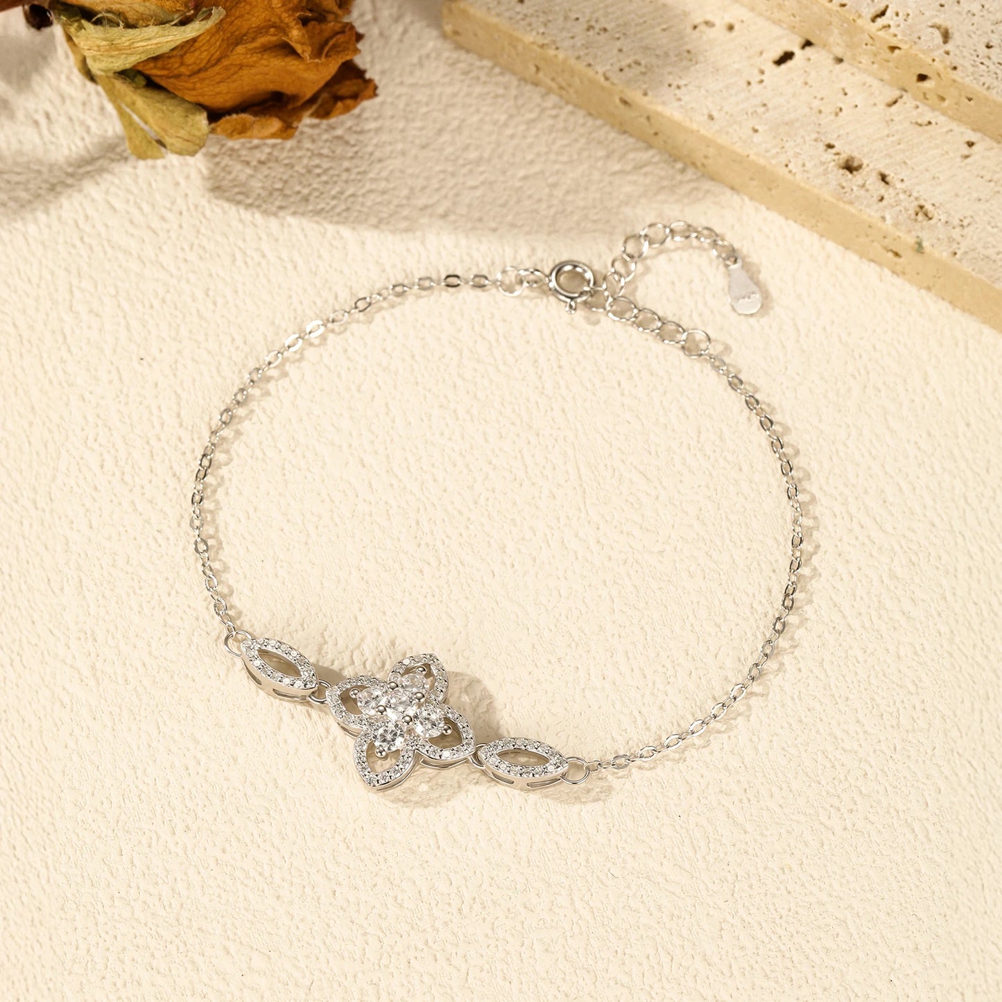 Sterling Silver Exquisite Four Leaf Clover Flower Charm Bracelet