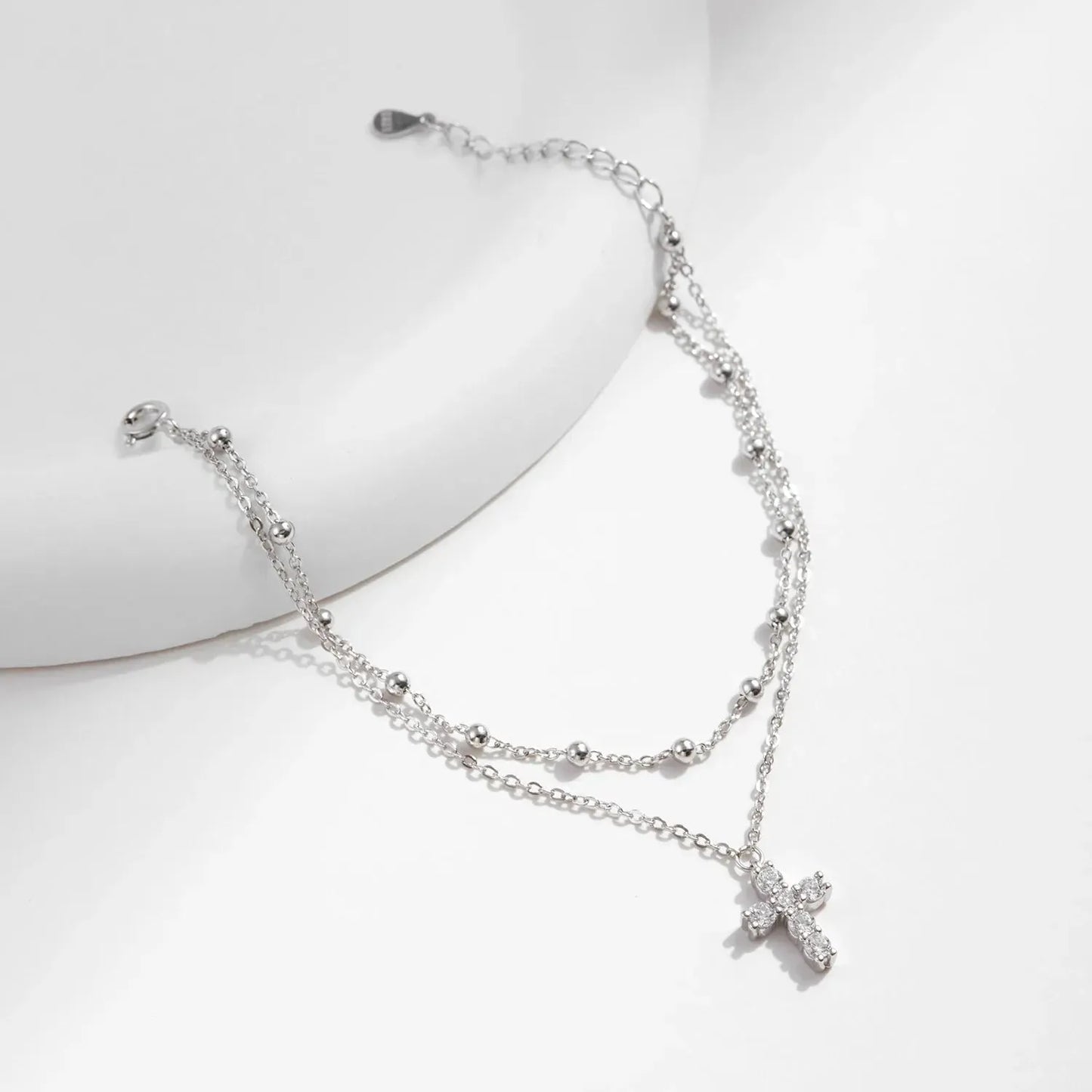 925 Sterling Silver Double Layer Beaded Bracelet with Cross Charm