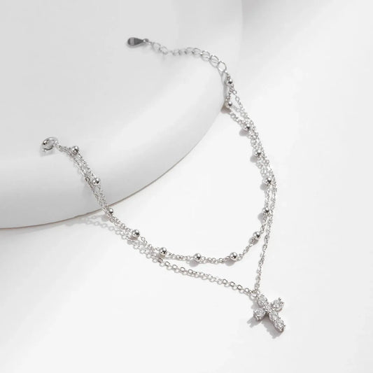 925 Sterling Silver Double Layer Beaded Bracelet with Cross Charm