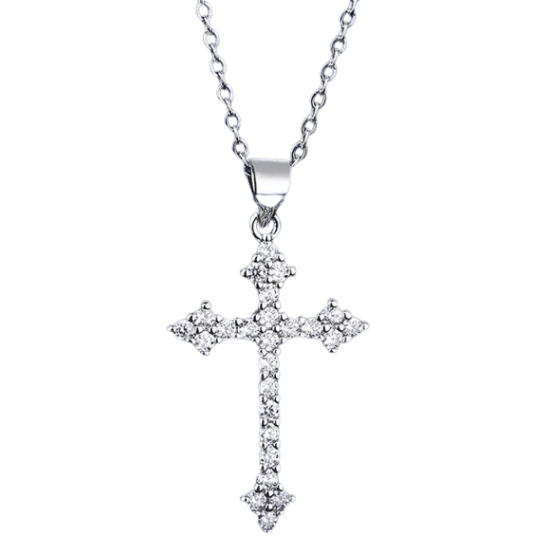 White Gold Color Cross Pendant Necklace with Rhinestones